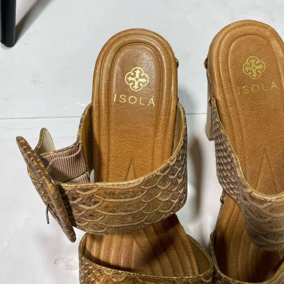 Isola Metallic Shimming  Mandra Snake Print Big Side Buckle Wood Heels Size 6.5 - Picture 10 of 15